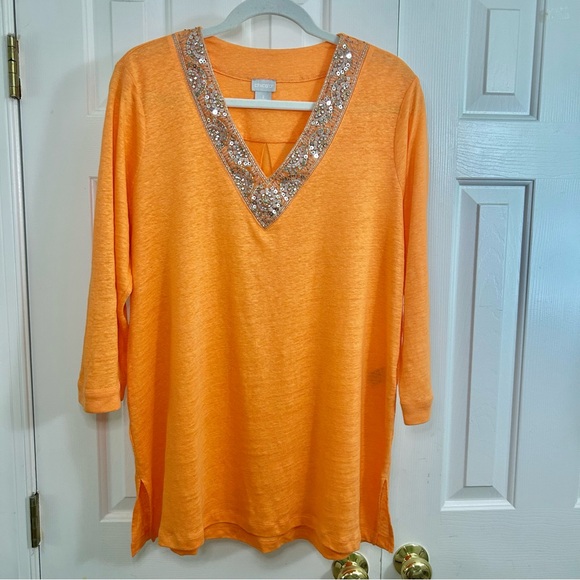 Chico's 100% Linen Orange Sequin V-Neck Long Line Tunic Size Large - Picture 2 of 16